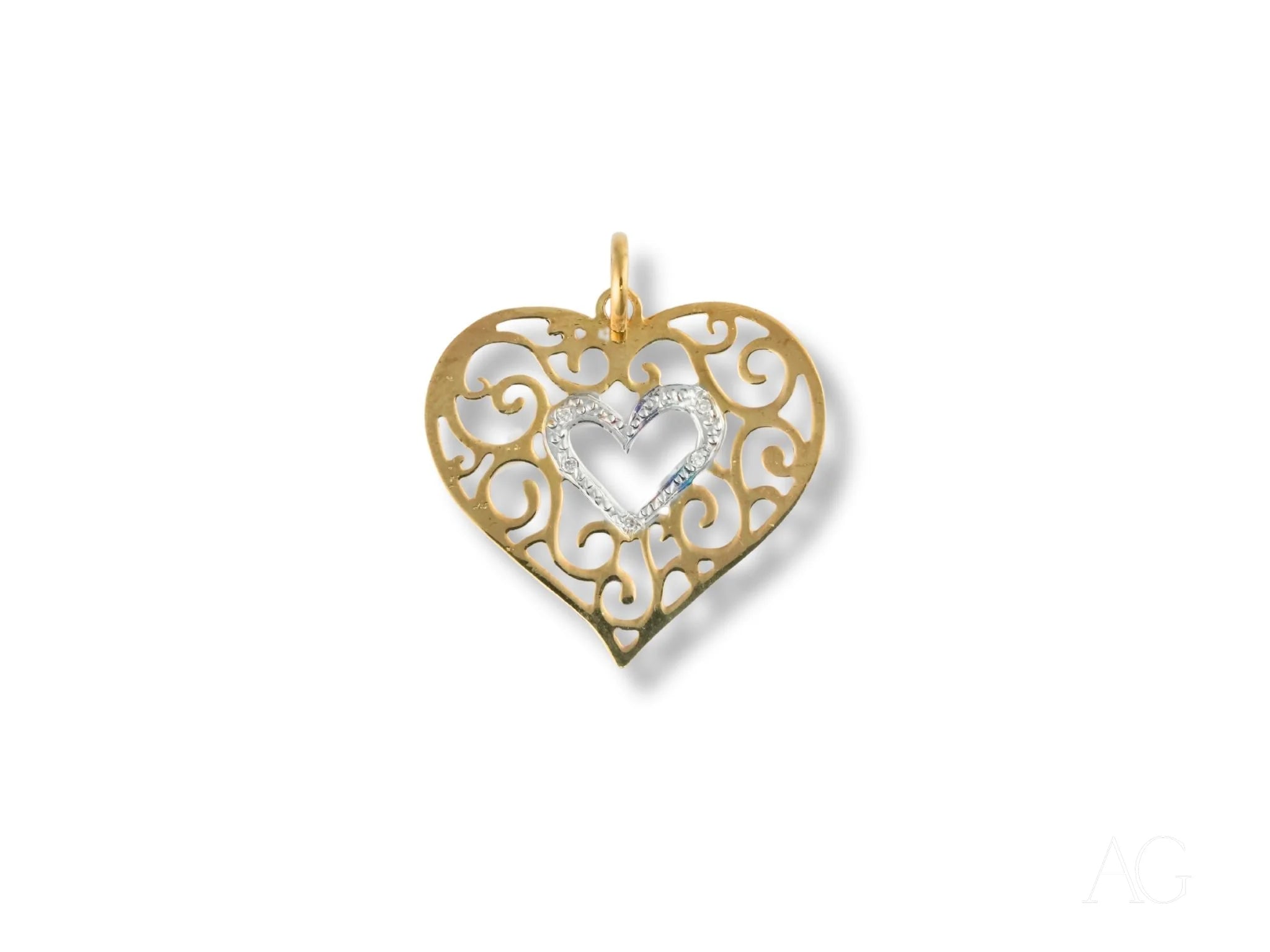 Gold-toned 18k Gold Double Heart Pendant with filigree design and crystal accents