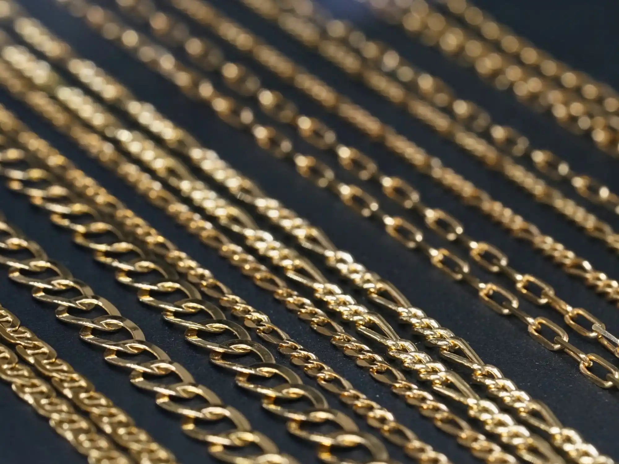 Gold chains arranged in parallel rows.