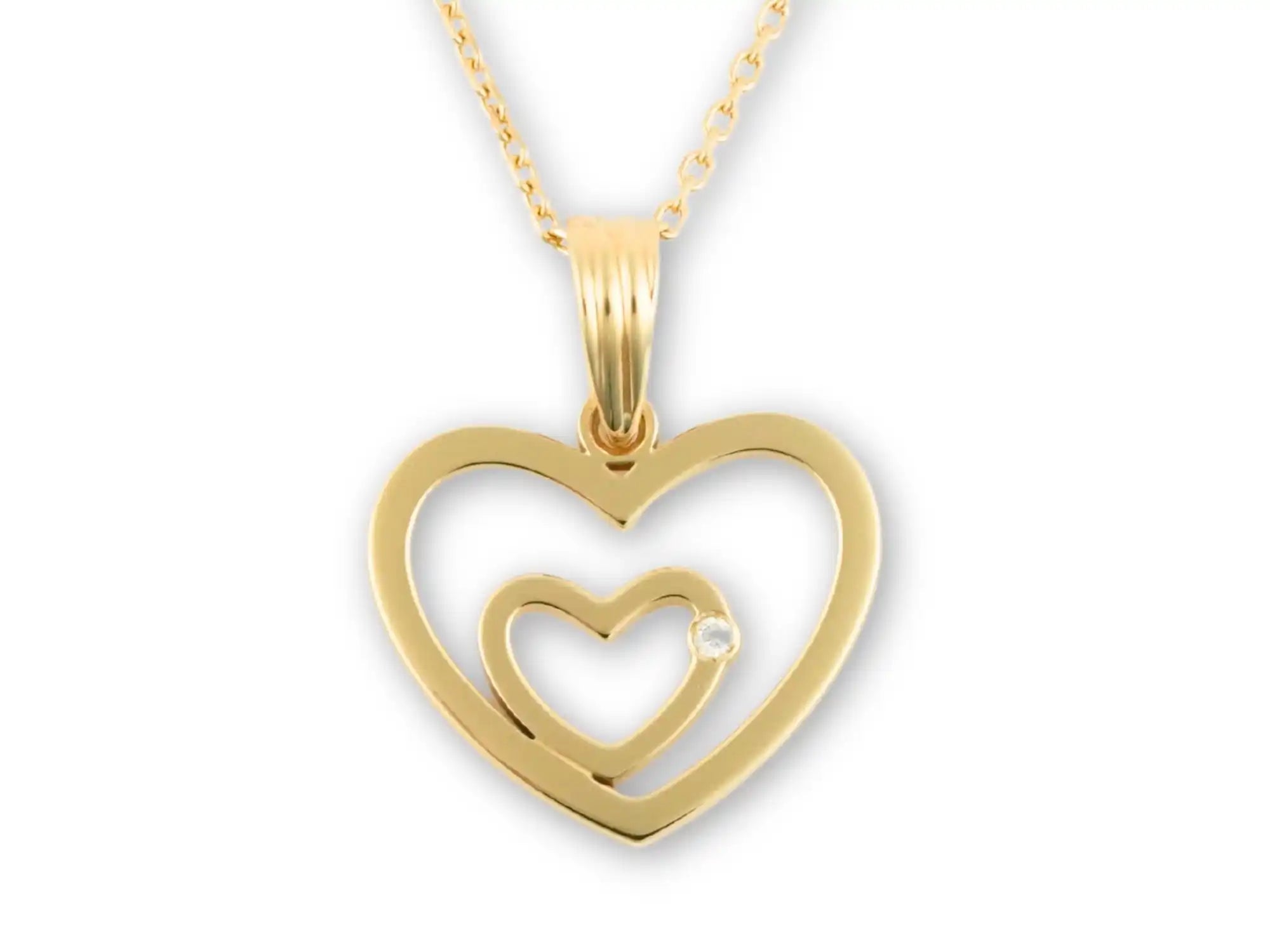 Gold double heart pendant necklace with nested heart design.