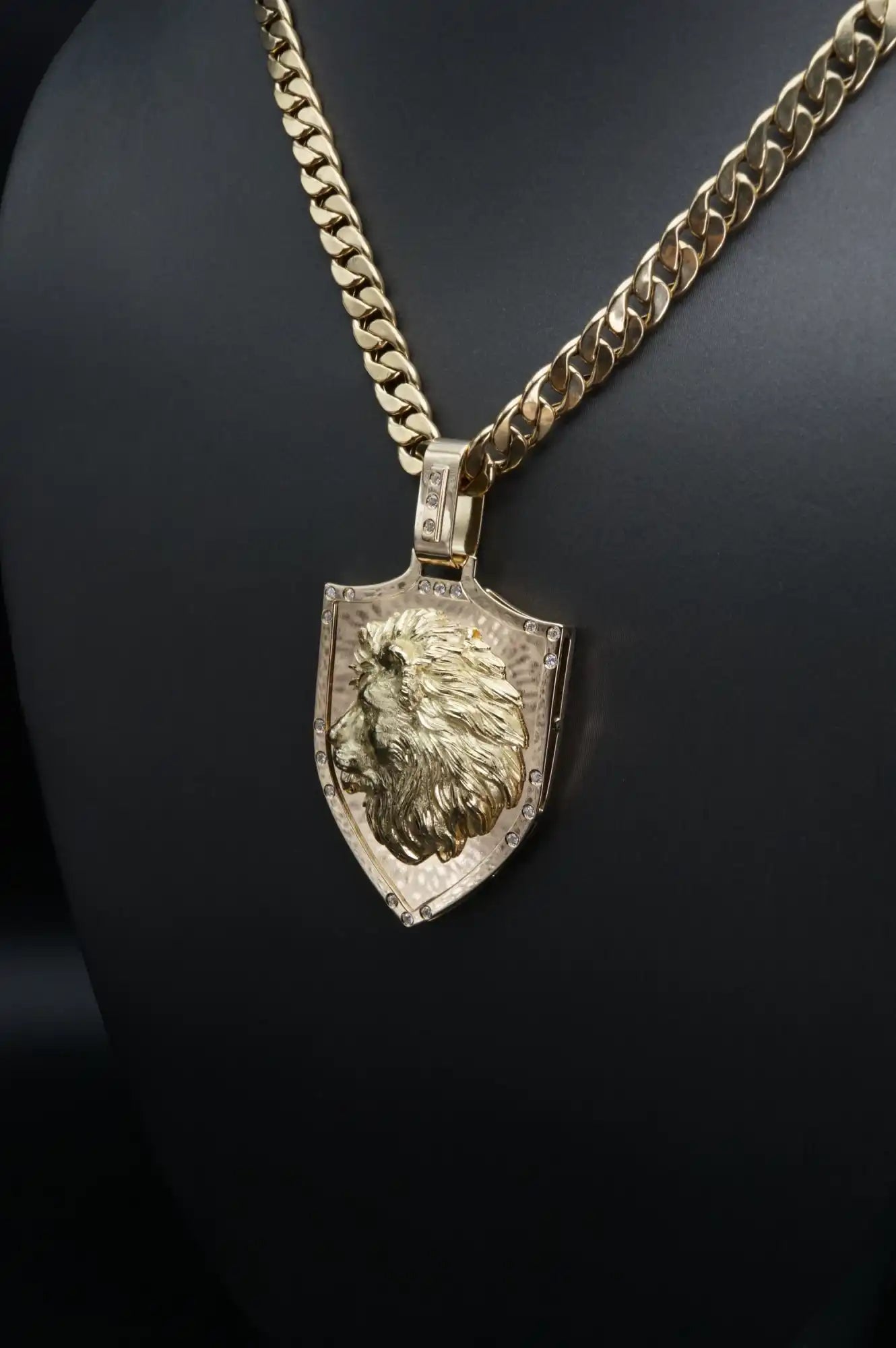 Gold shield-shaped pendant with a lion’s head design on a chain necklace.