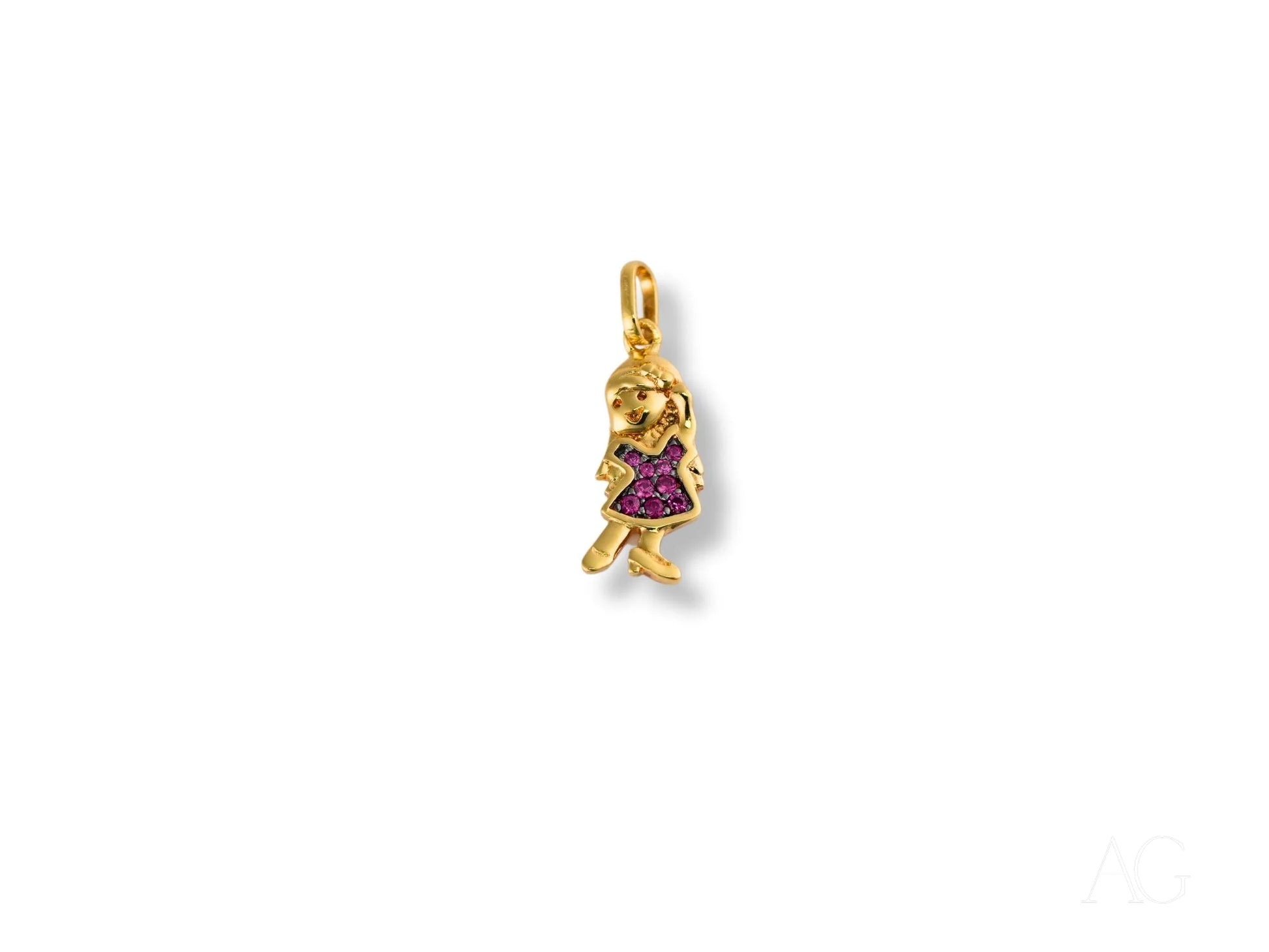 Gold charm pendant of a girl in a purple dress from the Golden Ruby Doll collection