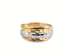 Tri-colored 18k gold ring with textured bands in yellow, white, and rose gold