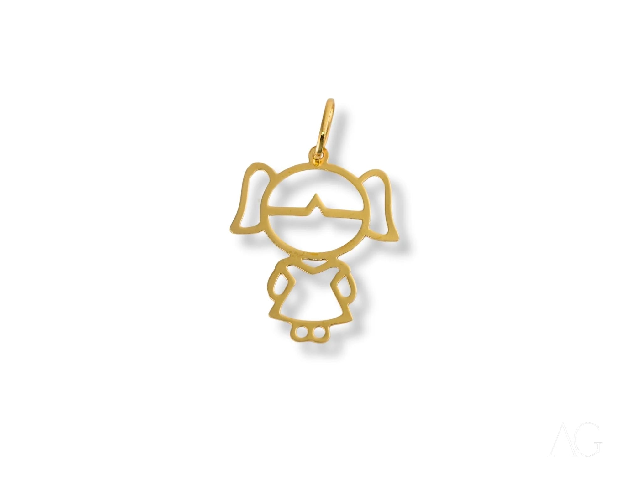 Gold pendant of a stylized girl with pigtails from the Golden Doll collection in 18k Yellow