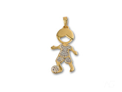 Gold pendant in 18k gold of girl dancing with ball, embellished with diamonds