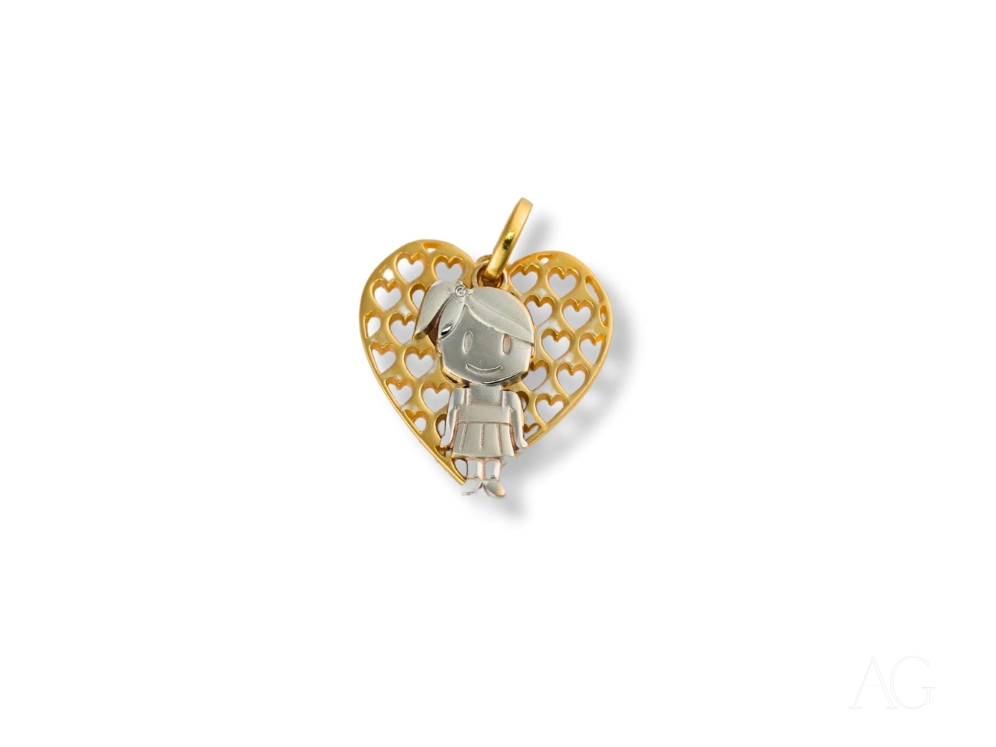 Gold heart-shaped pendant with silver doll charm in 18k Gold Golden Elegance design