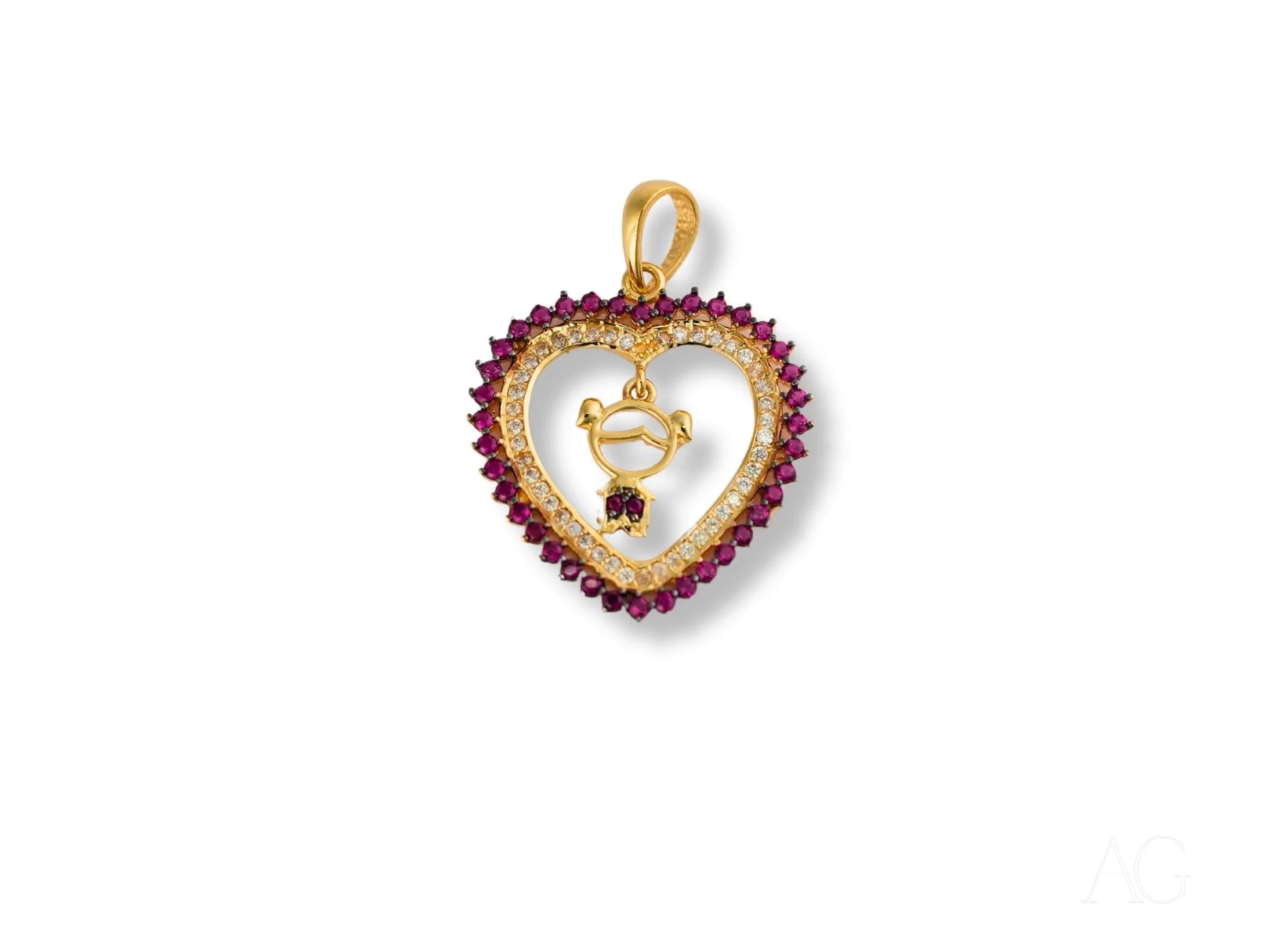 Heart-shaped 18k Gold pendant with ruby border and red CZ heart charm, Golden Passion design