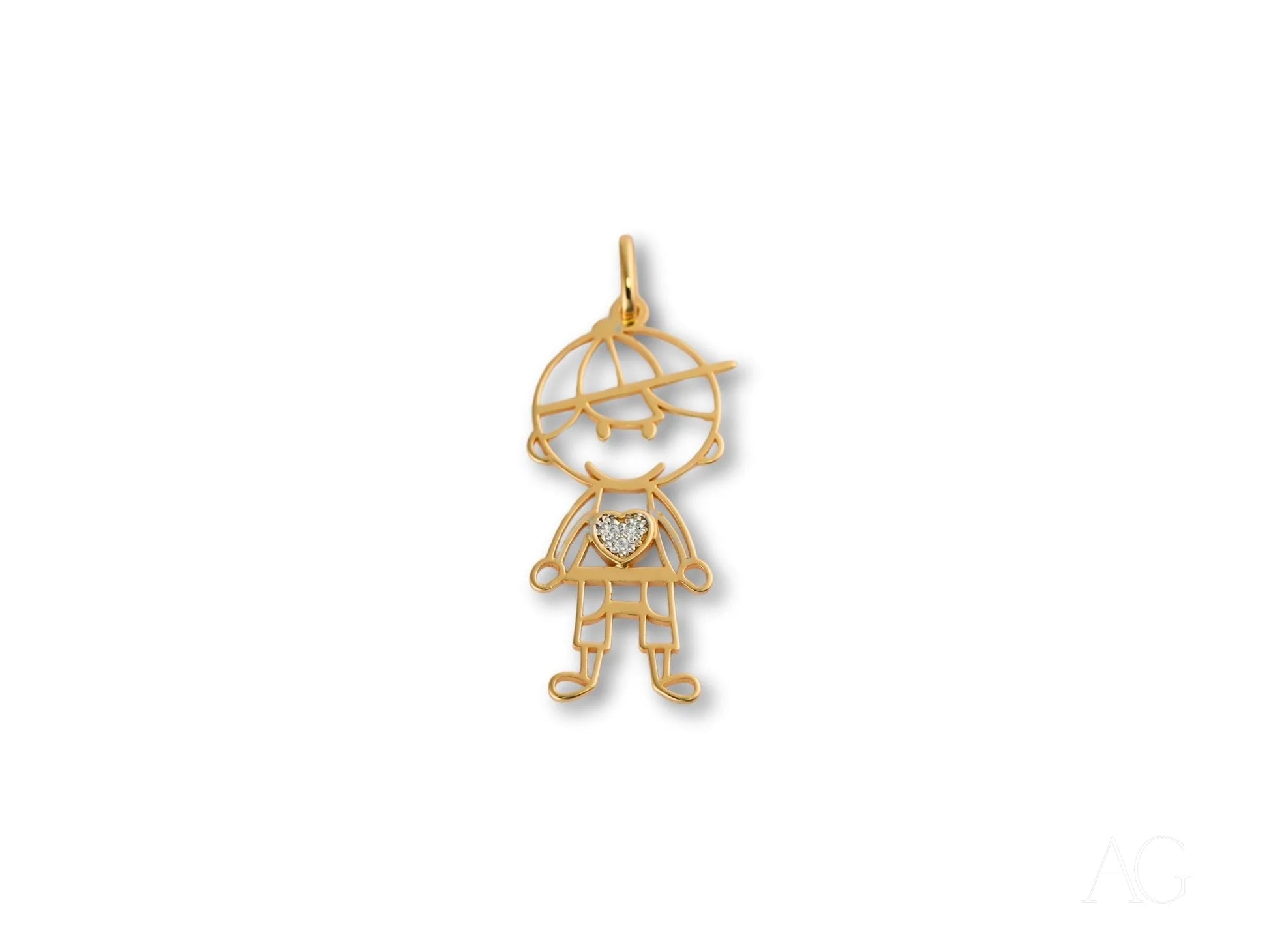 Gold stick figure charm with a smile from the Golden Heart 18k Gold CZ Heart Boy Pendant