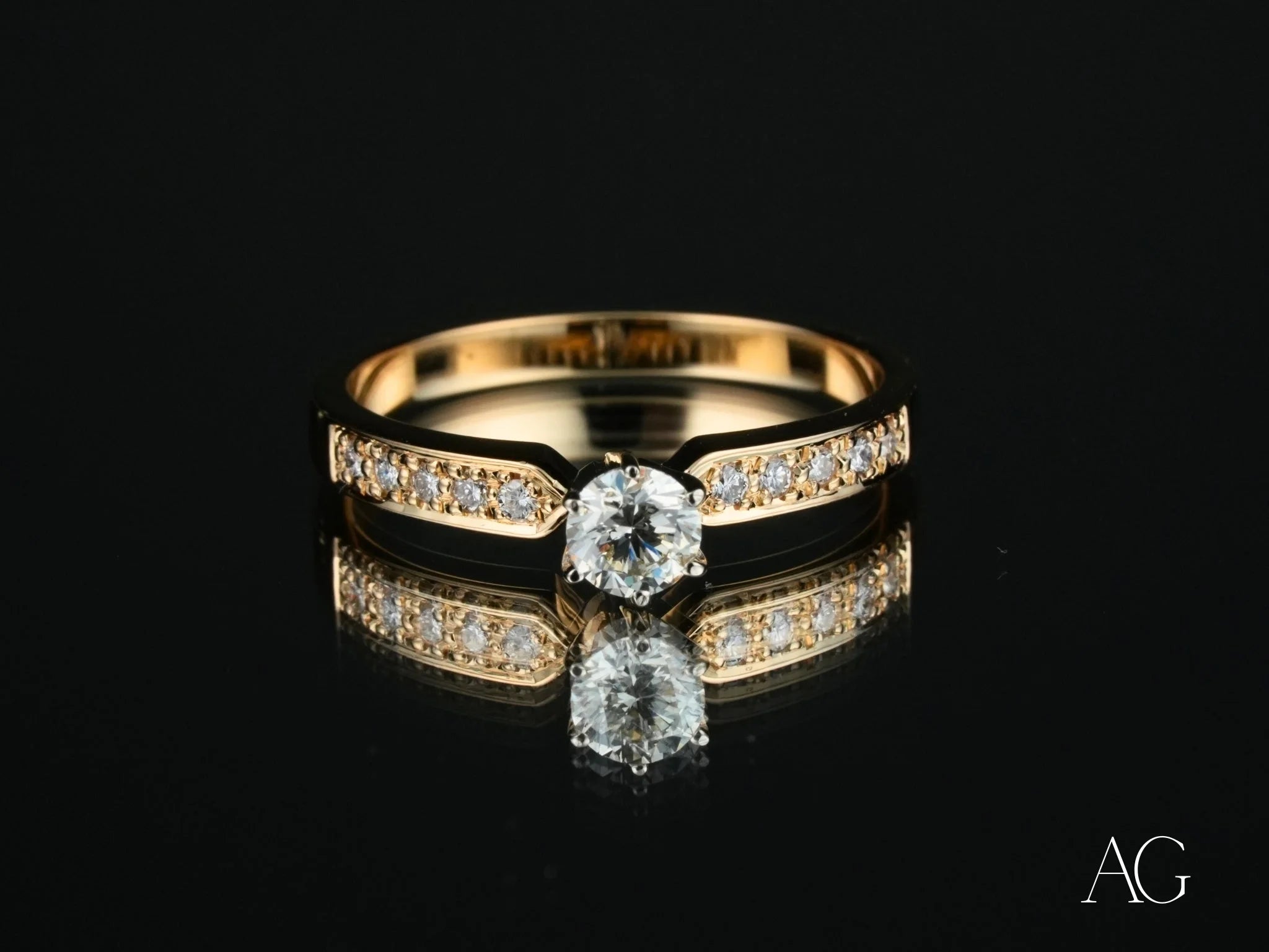 Gold Engagement Ring featuring a central diamond and smaller diamonds, Golden Promise design