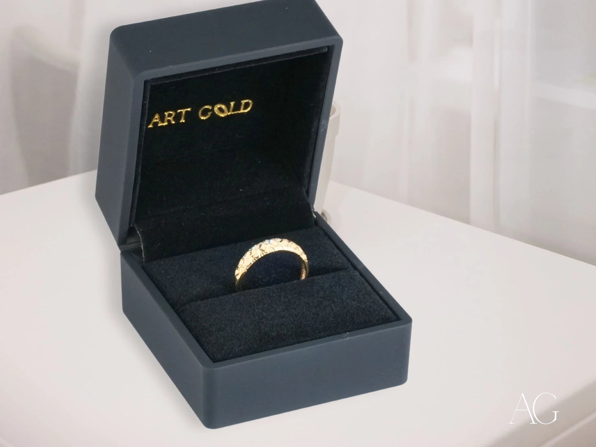 Gold ring with diamonds in black jewelry box for Golden Trio 18k Gold Hearts Ring