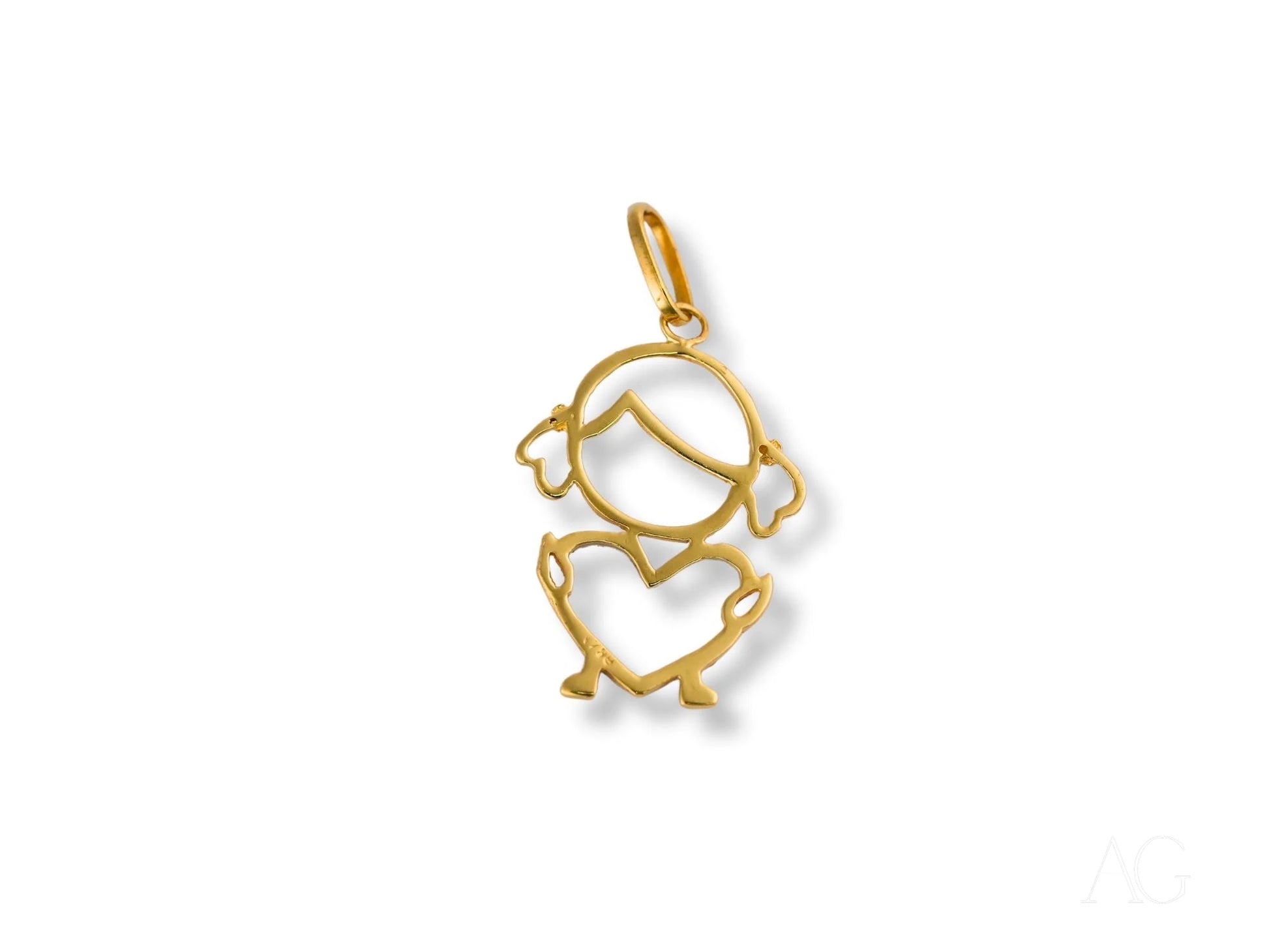 Gold-colored heart doll pendant in a stylized figure design, crafted from 18k gold