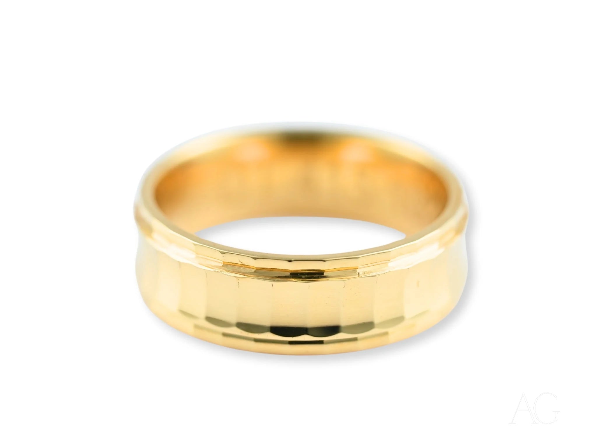 Gold Wedding Band with Polished Center and Beveled Edges, Golden Cascade in 14k Gold