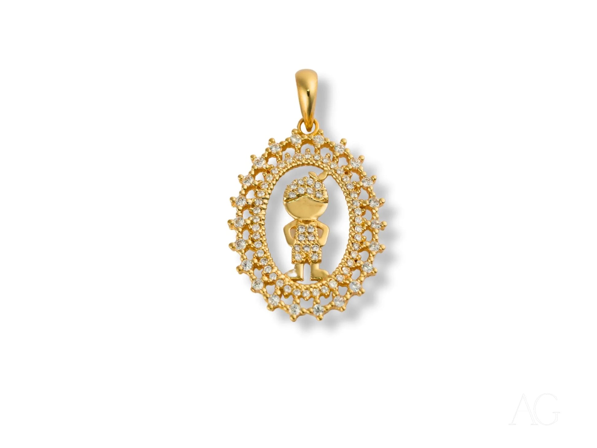 Gold pendant featuring a boy figure within a diamond oval, 18k Gold Golden Charm