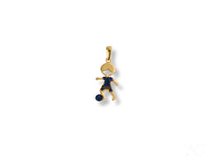 Gold and blue pendant charm in 18k yellow gold depicting a soccer player kicking a ball