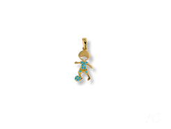 Gold pendant in 18k yellow gold with turquoise stones shaped like a child figure