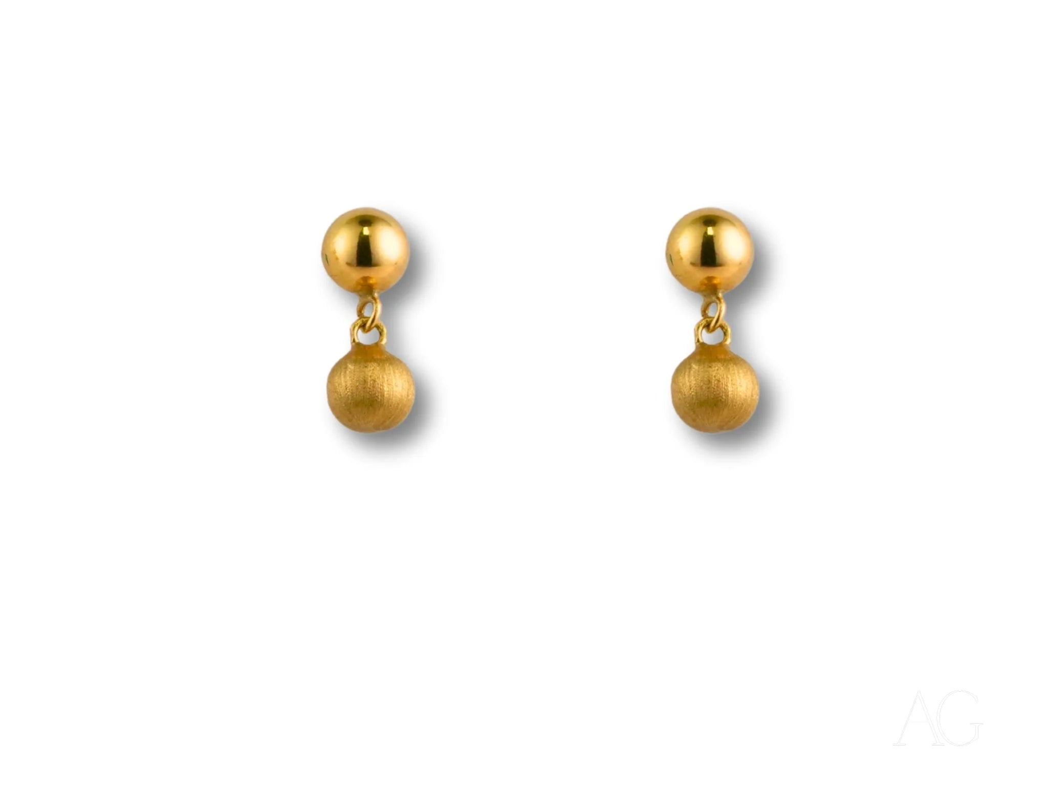 Elegant 18k Gold Ball Drop Earrings featuring a brushed gold finish for a chic look