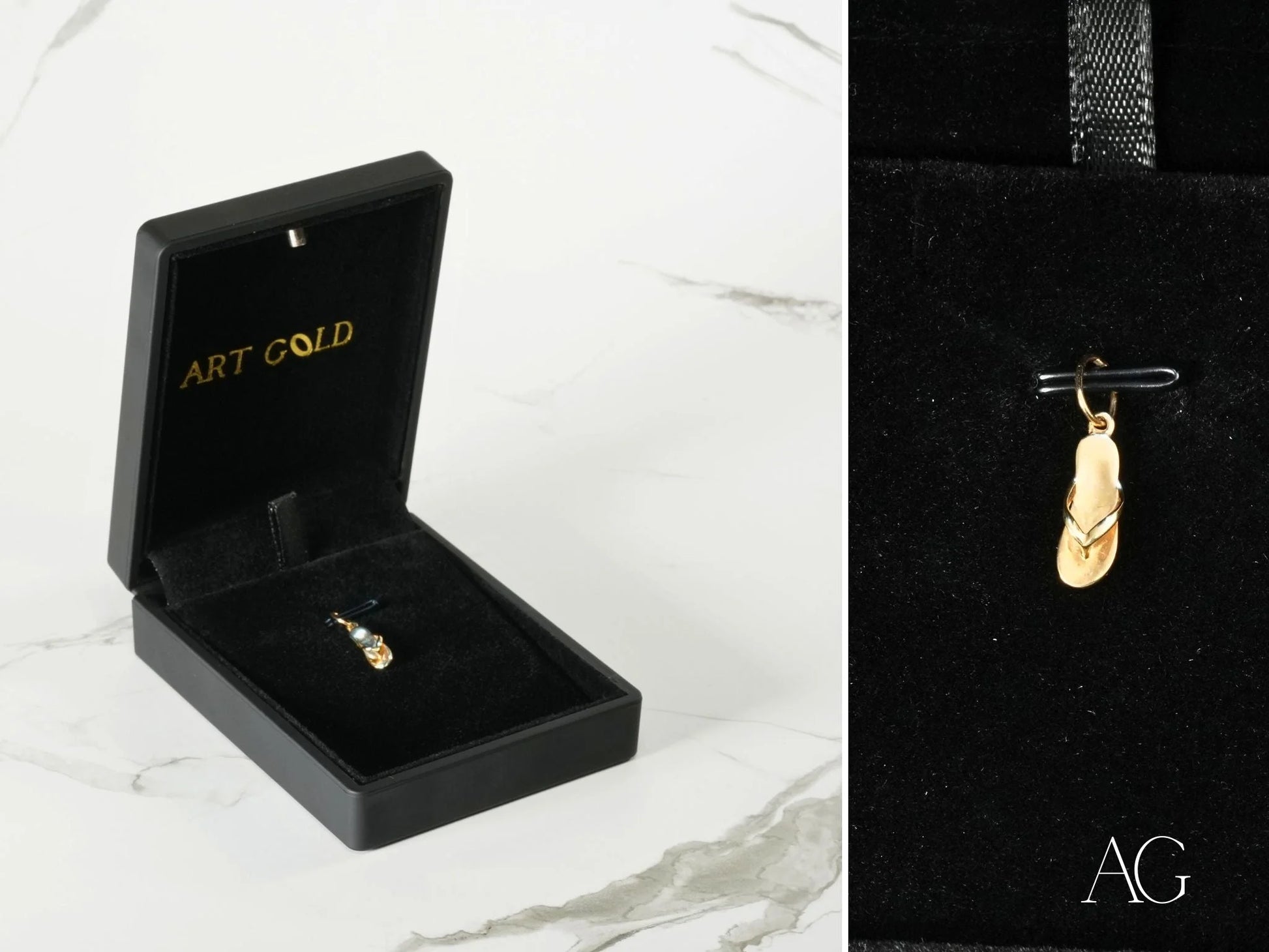 Golden Flip Flop Pendant in 18k gold showcased in a luxurious black jewelry box