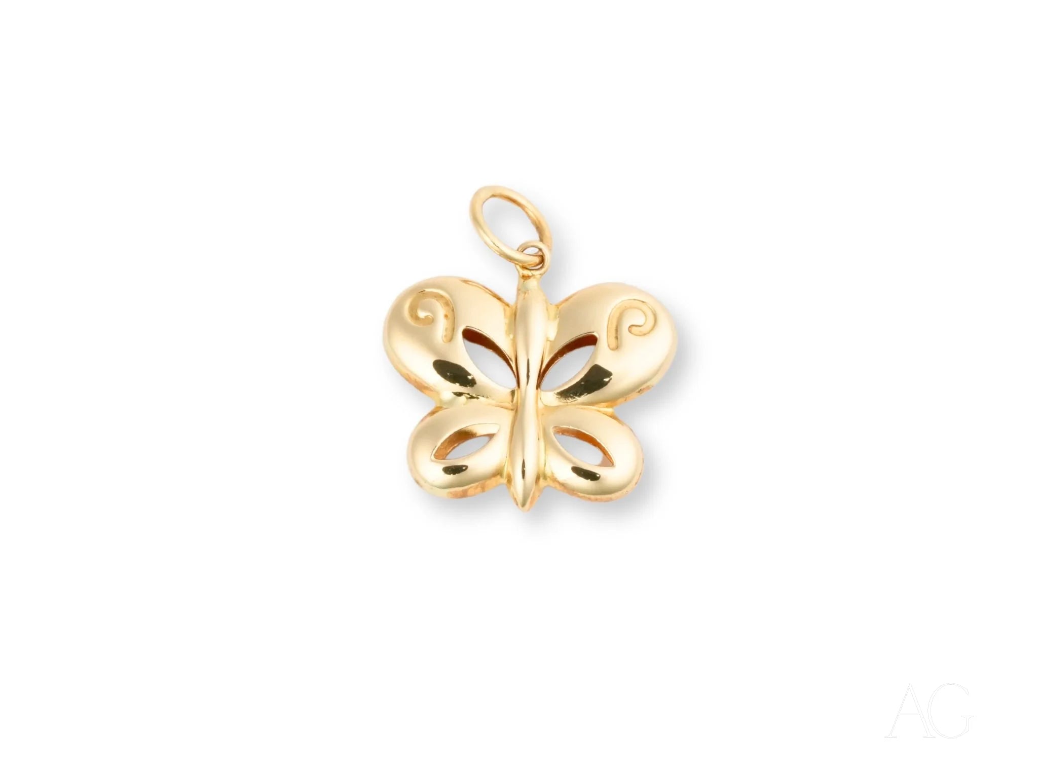 Gold butterfly charm with swirled wings for personal growth in 18k gold Golden Flutter pendant