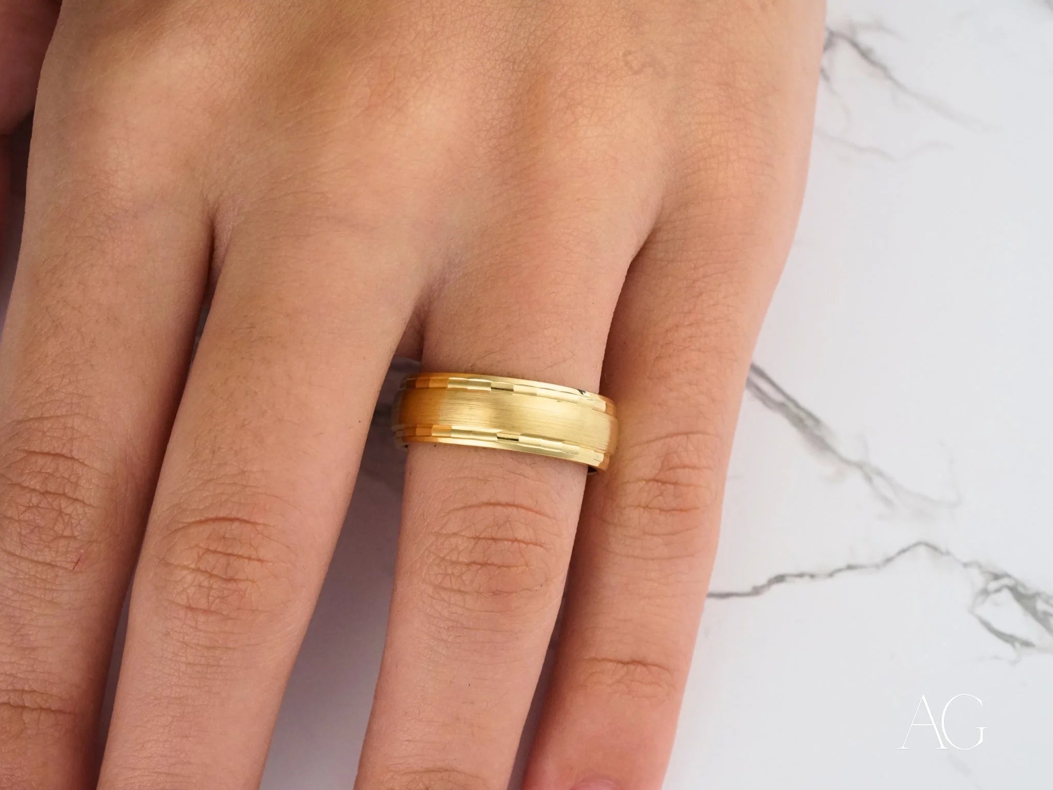 Gold Wedding Band in 14k Gold from Golden Fortress, worn elegantly on a finger