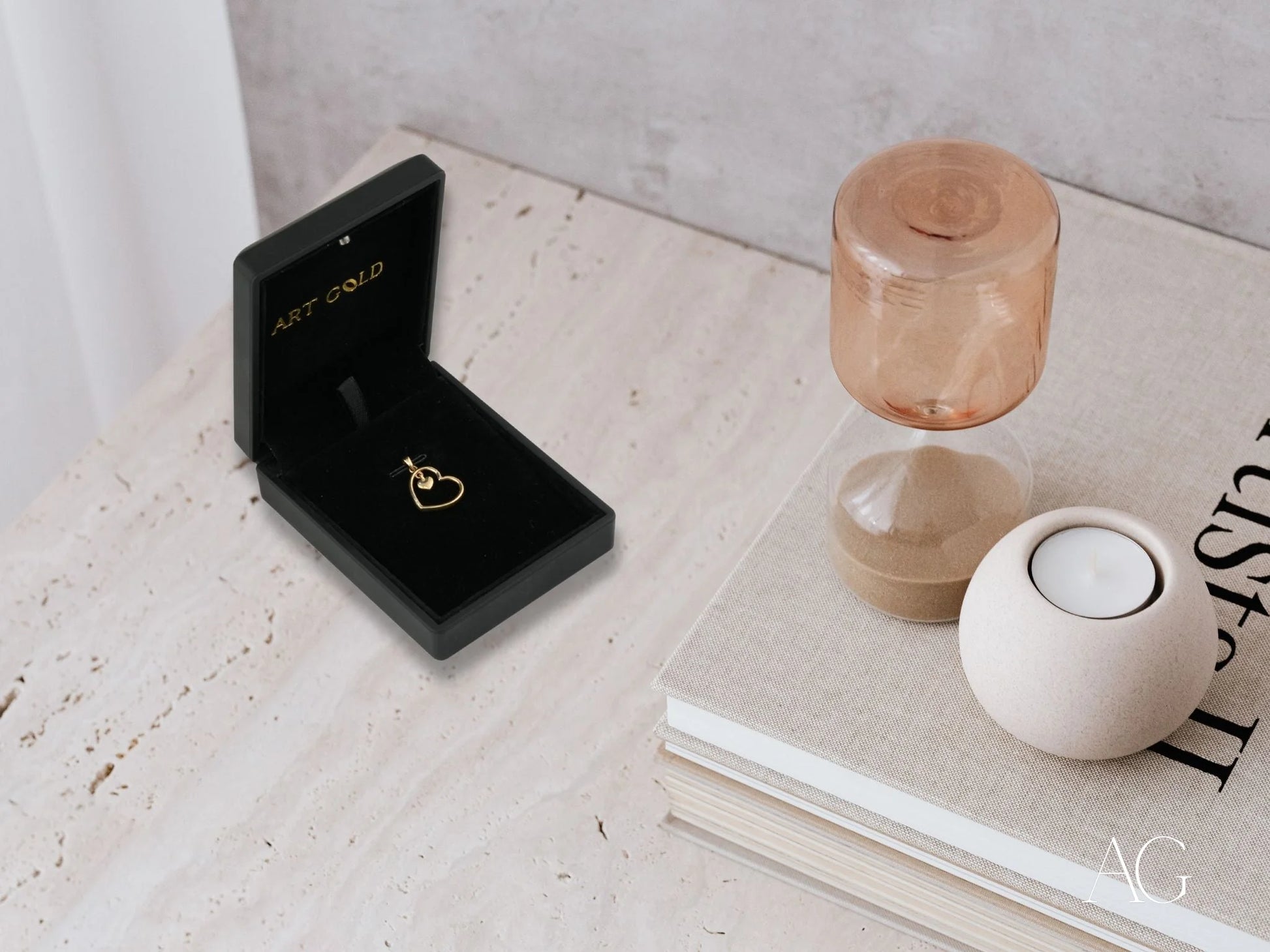 Black jewelry box showcasing an exquisite 18k gold Golden Heart Pendant