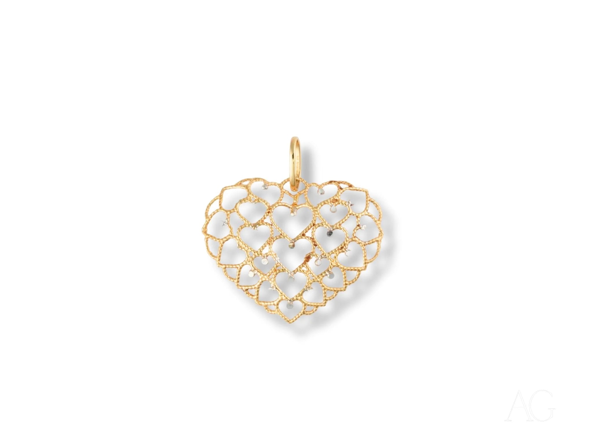 Gold heart-shaped 18k gold pendant with a quilted pattern, showcasing Golden Hearts design