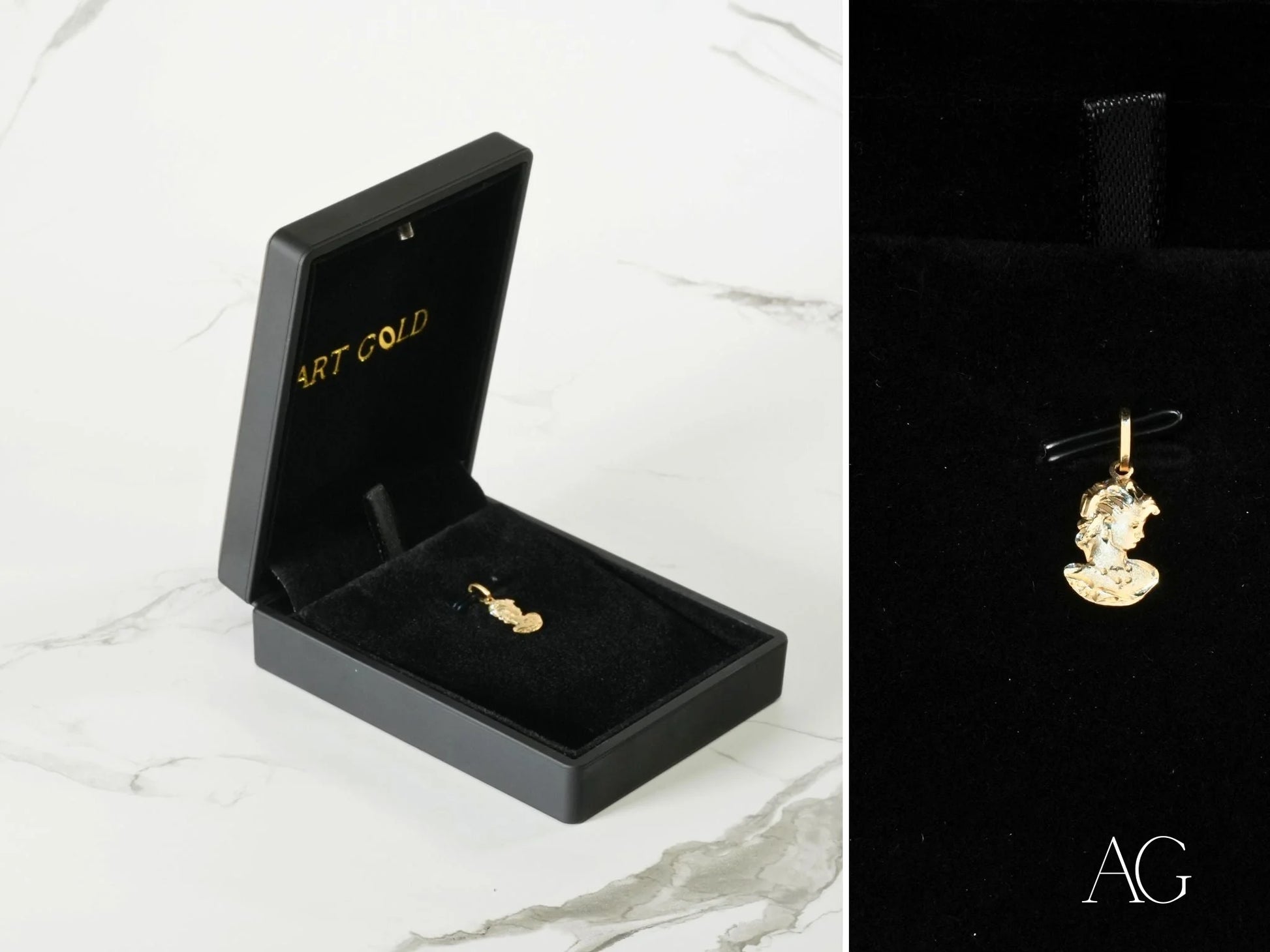 Gold pendant charm in a black jewelry box featuring the 18k Gold Golden Lady Pendant