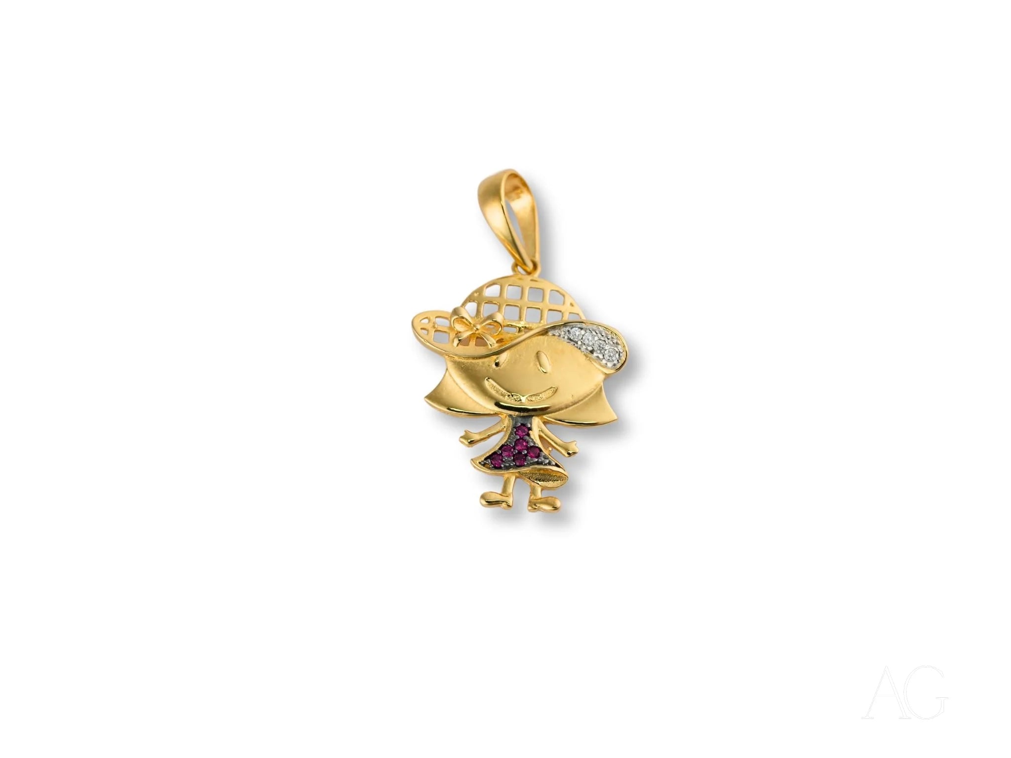 Gold pendant charm of a girl in a dress and hat from the Golden Son Pendant collection