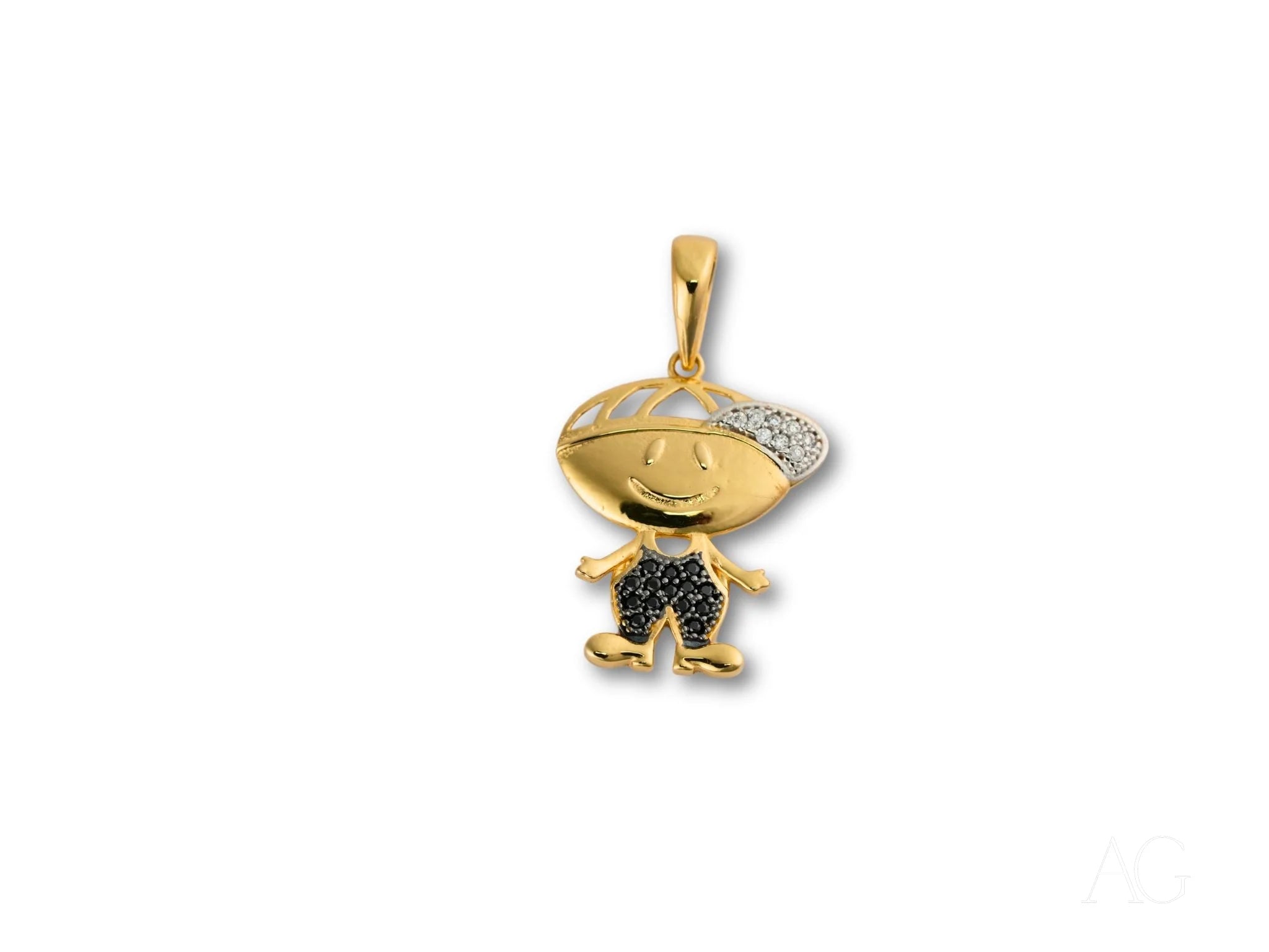 Gold and diamond Golden Son Pendant shaped like a cute cartoon boy wearing a hat