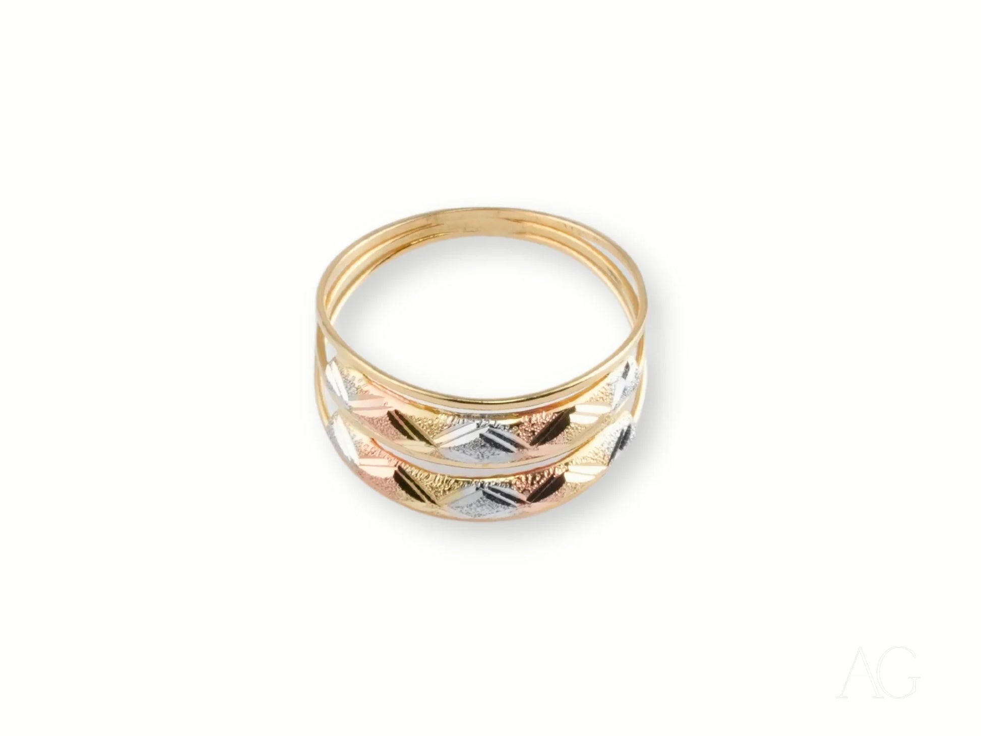 Gold ring featuring tri-color geometric wave pattern from Golden Spectrum 18k 3-tone ring