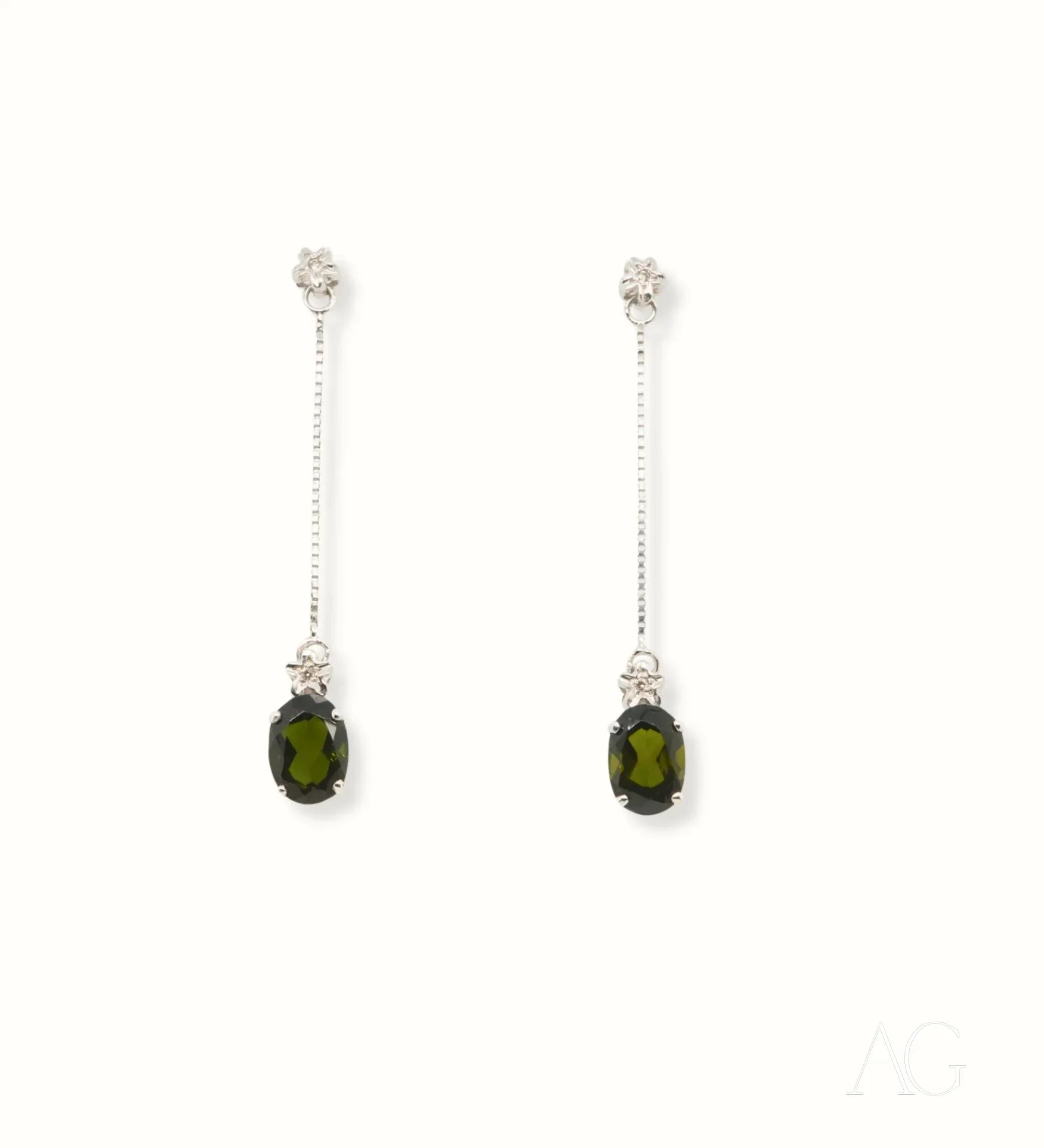 Elegant 18k White Gold Green Tourmaline Drop Earrings with Delicate Chains