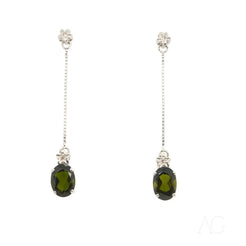 Elegant 18k White Gold Green Tourmaline Earrings with Silver Chains and Gemstones