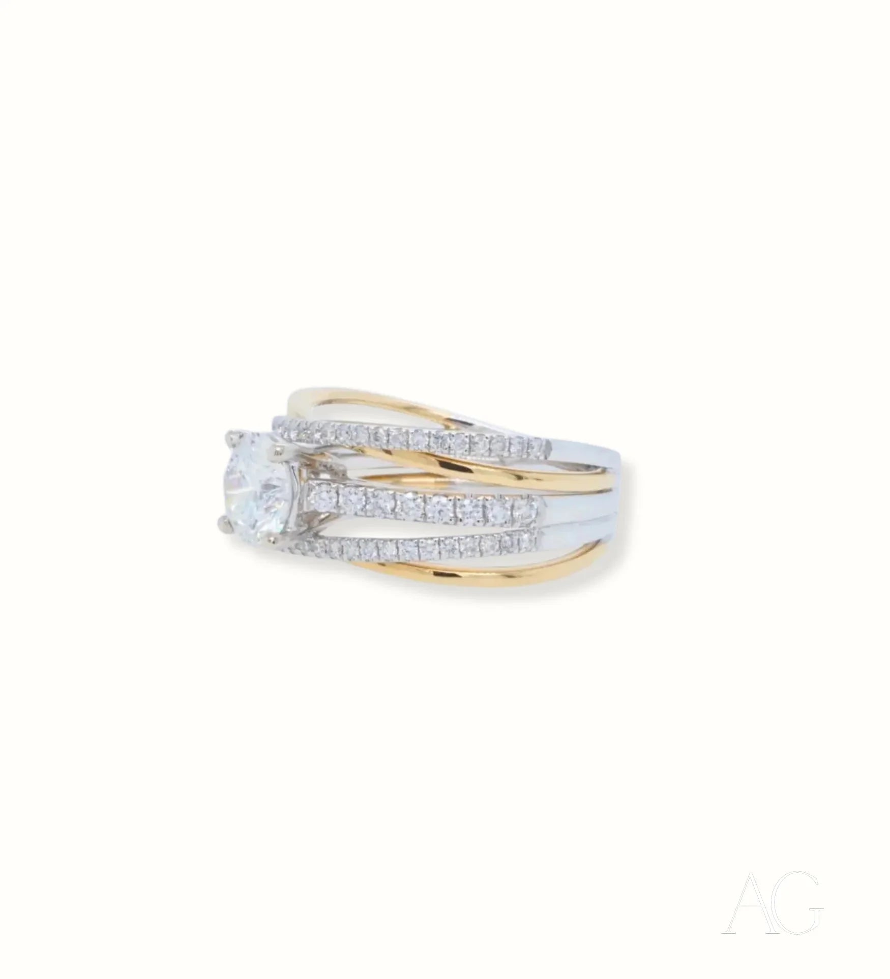 Two-tone 18k White and Yellow Gold engagement ring with 1ct Diamond accent bands