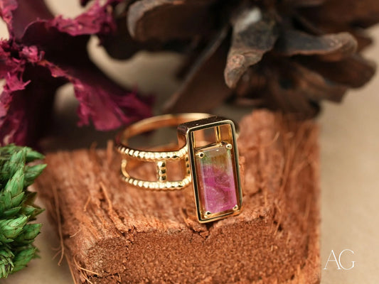 Gold ring with rectangular pink and green tourmaline, Harmony Stone Ring in 18K Yellow Gold