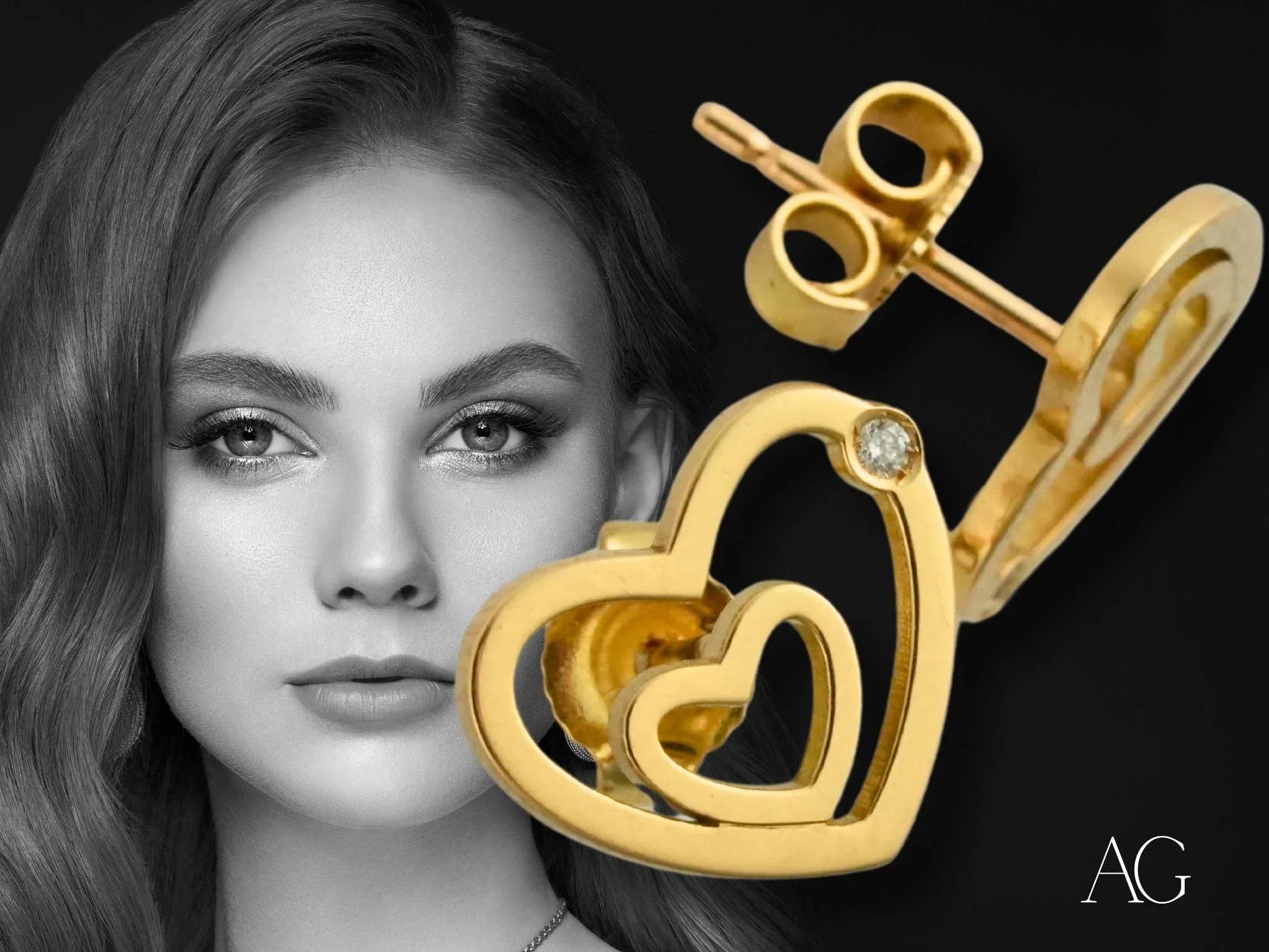 Gold heart earrings with diamond accent in 18k yellow gold - HHHH Collection