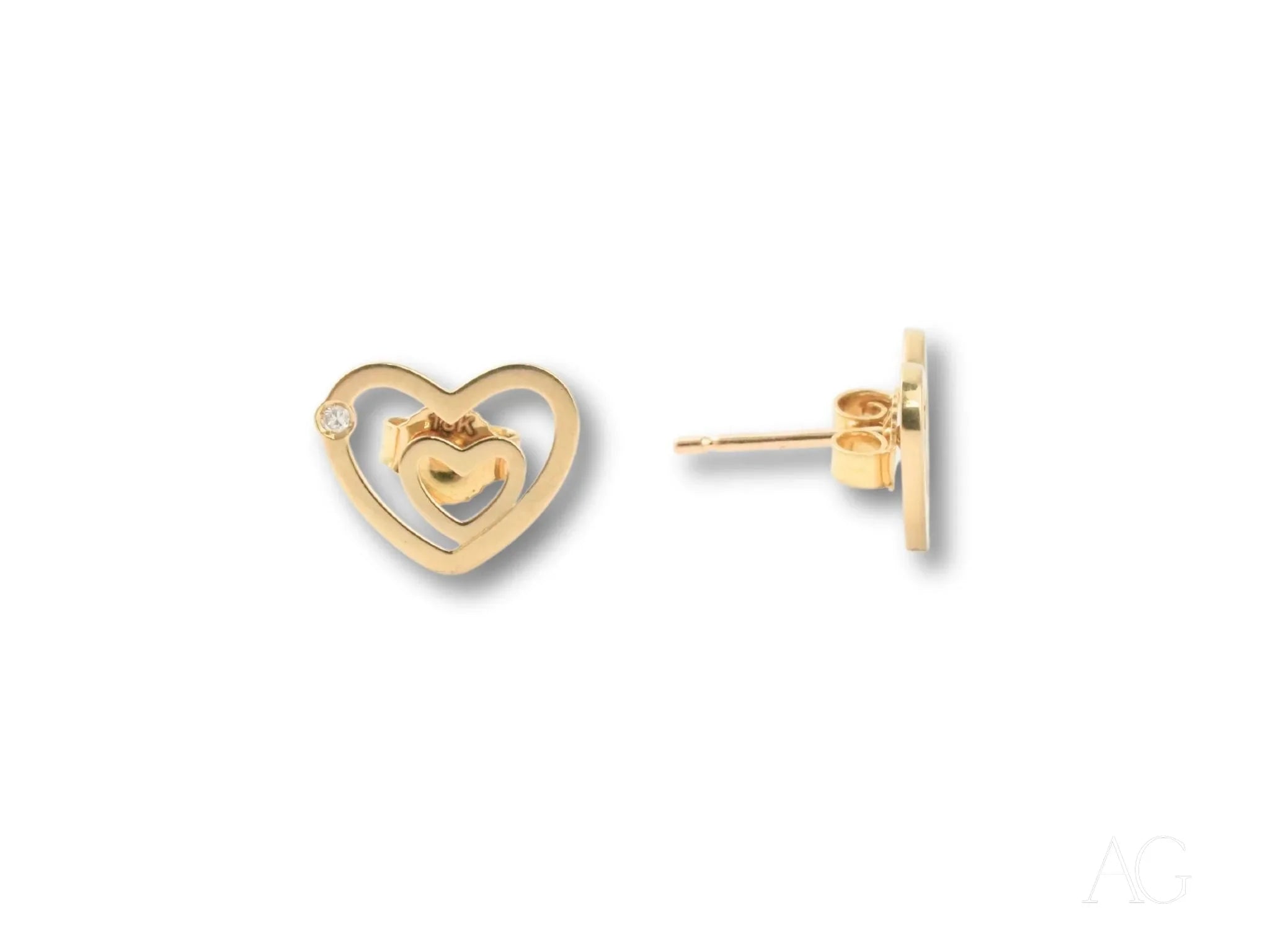 Gold heart earrings featuring a smaller heart design in 18k yellow gold