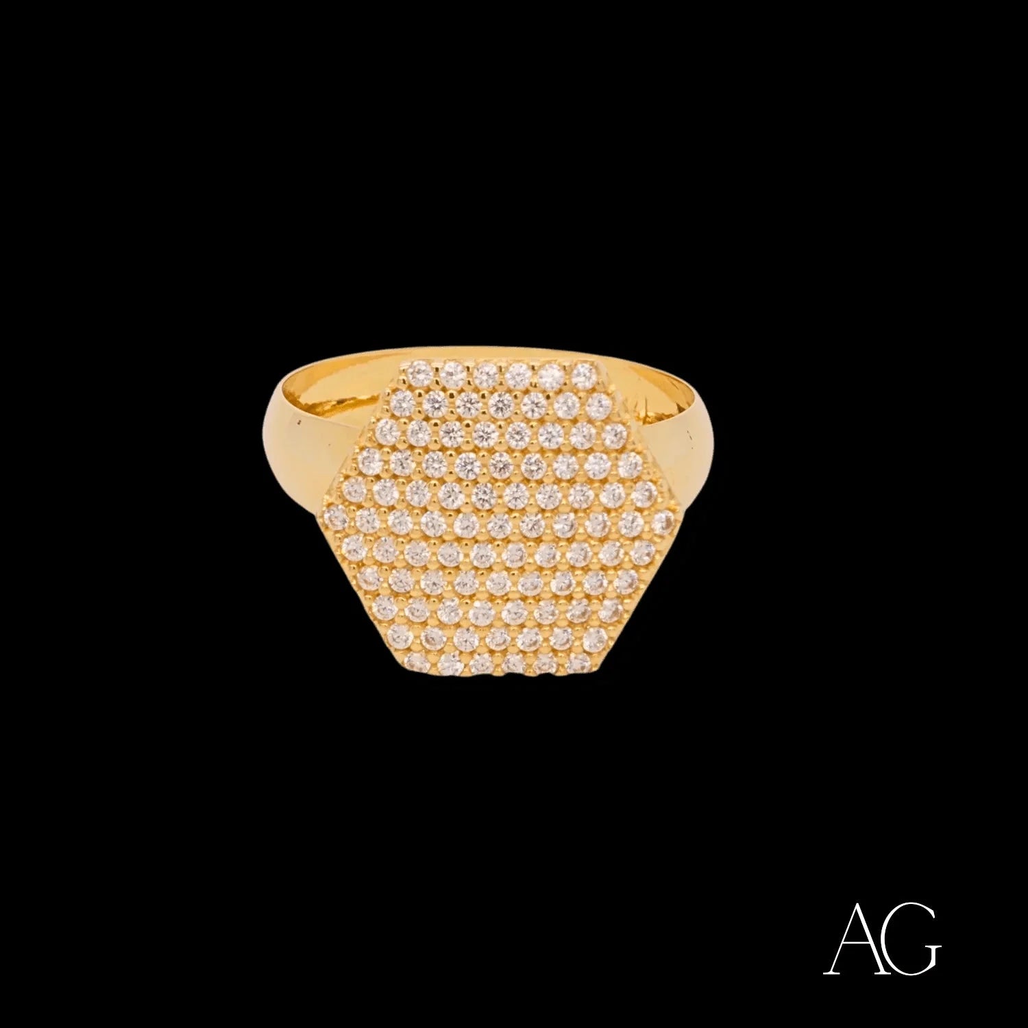 18k Gold Hexagon Ring with White Cubic Zirconia Diamond-Studded Face