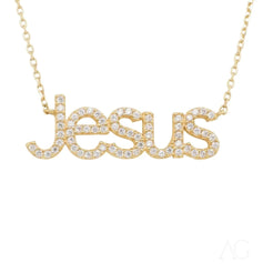 Gold necklace with diamond-encrusted Jesus letters, showcasing art gold craftsmanship