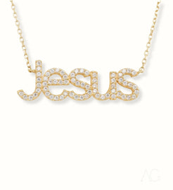 Gold necklace in 18k gold featuring diamond-encrusted Jesus letters by Art Gold