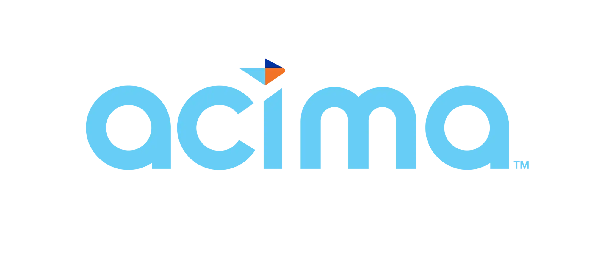 Light blue text spelling ’acima’ with a small orange and blue triangular flag accent above the letter ’i’