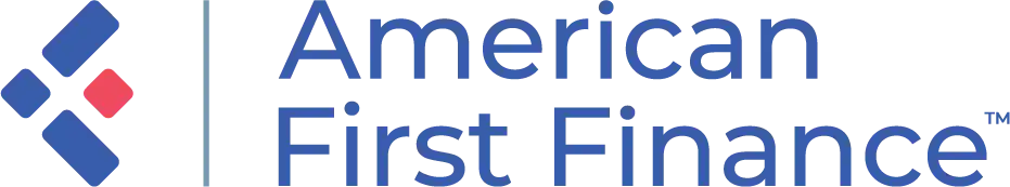 Logo featuring a geometric blue and red symbol alongside ’American First Finance’ text in blue letters.