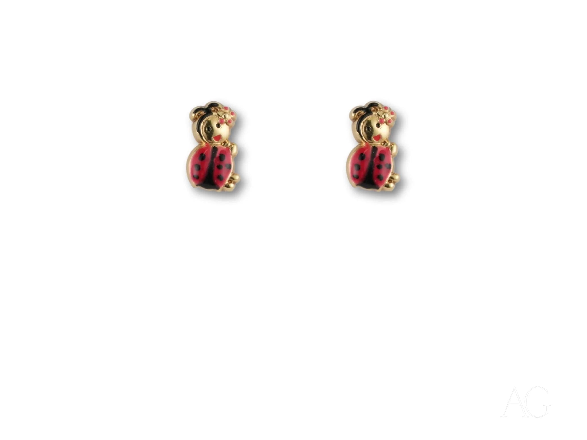 Two 18k Gold Ladybug Stud Earrings for Kids displayed on a simple background