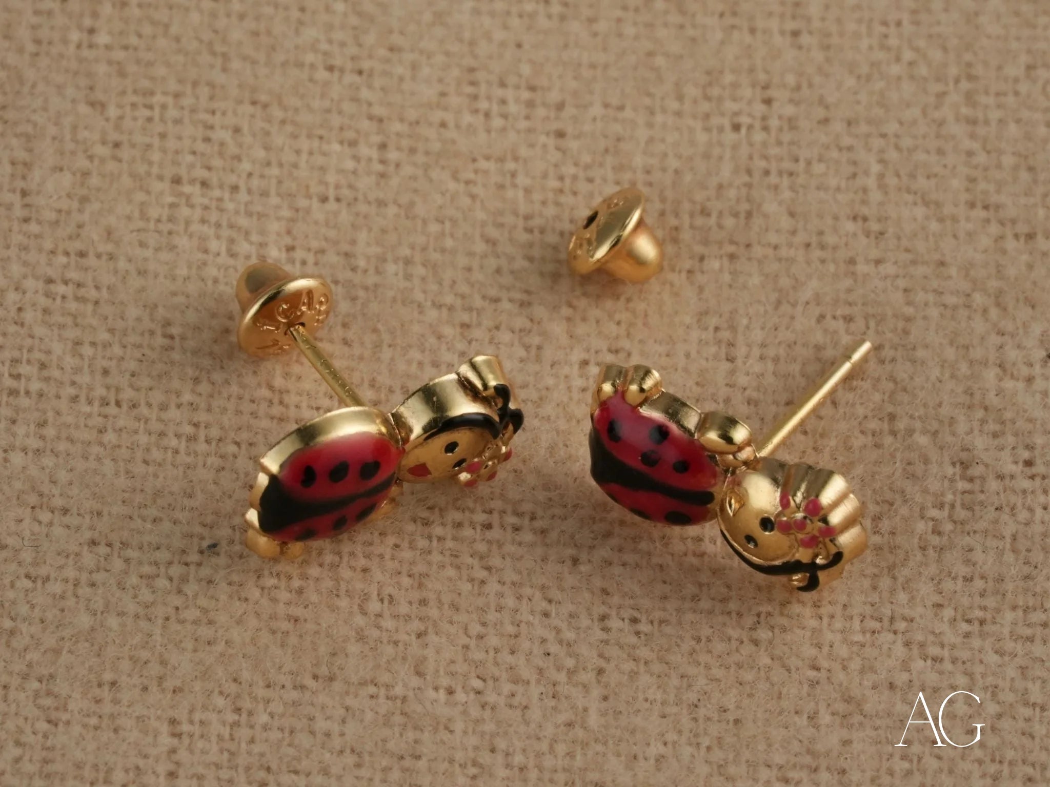 18k Gold Ladybug Stud Earrings for Kids designed as lucky charm jewelry