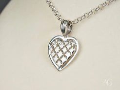 Silver heart pendant with quilted pattern on 18k White Gold chain necklace