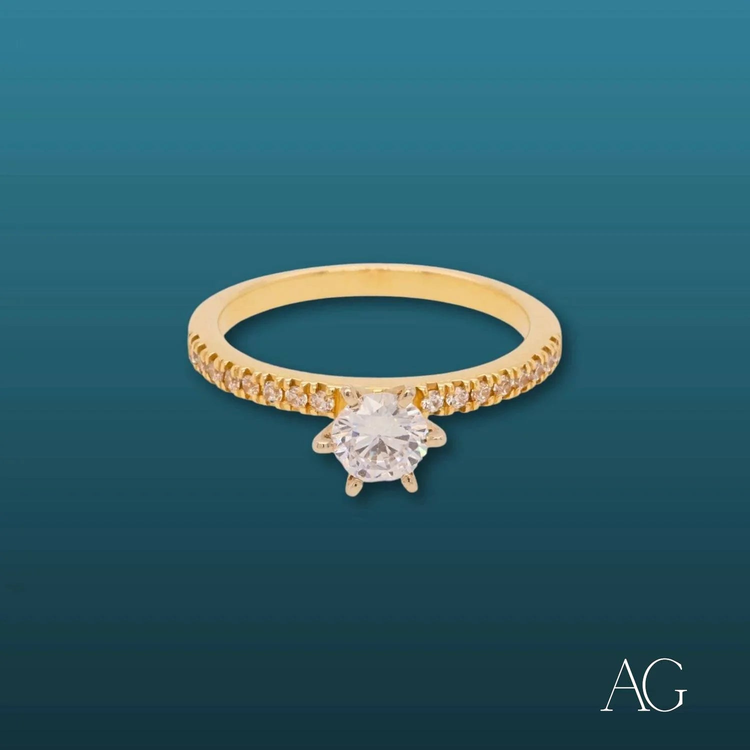 Luxurious 18k gold ring featuring a diamond solitaire and accent stones on the band