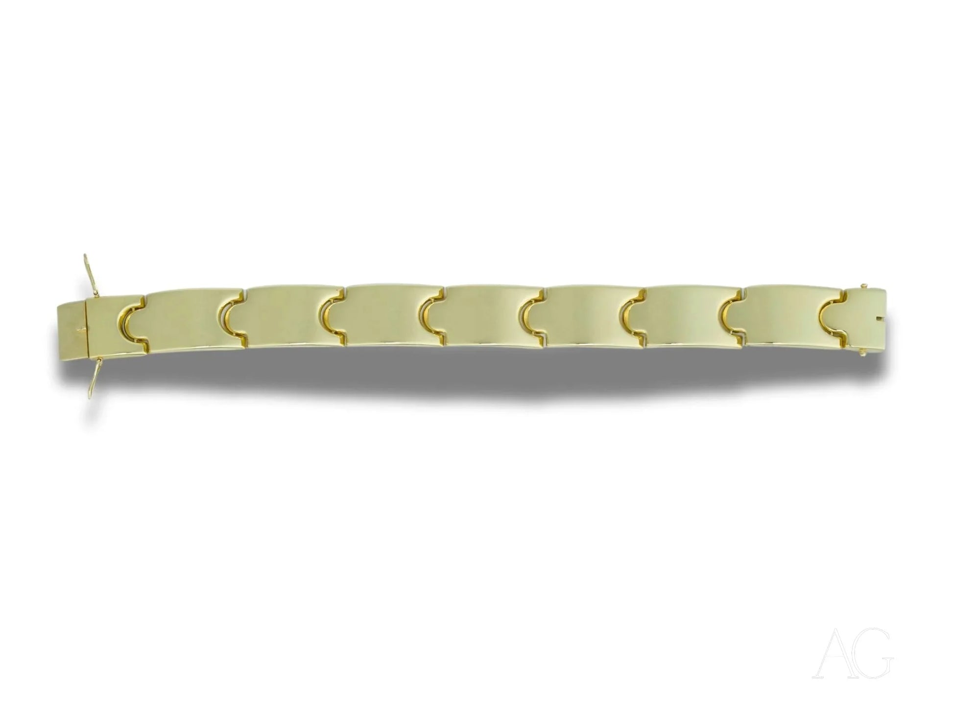 Pale green belt with gold accents on luxurious men’s 18k gold bracelet with open box clasp