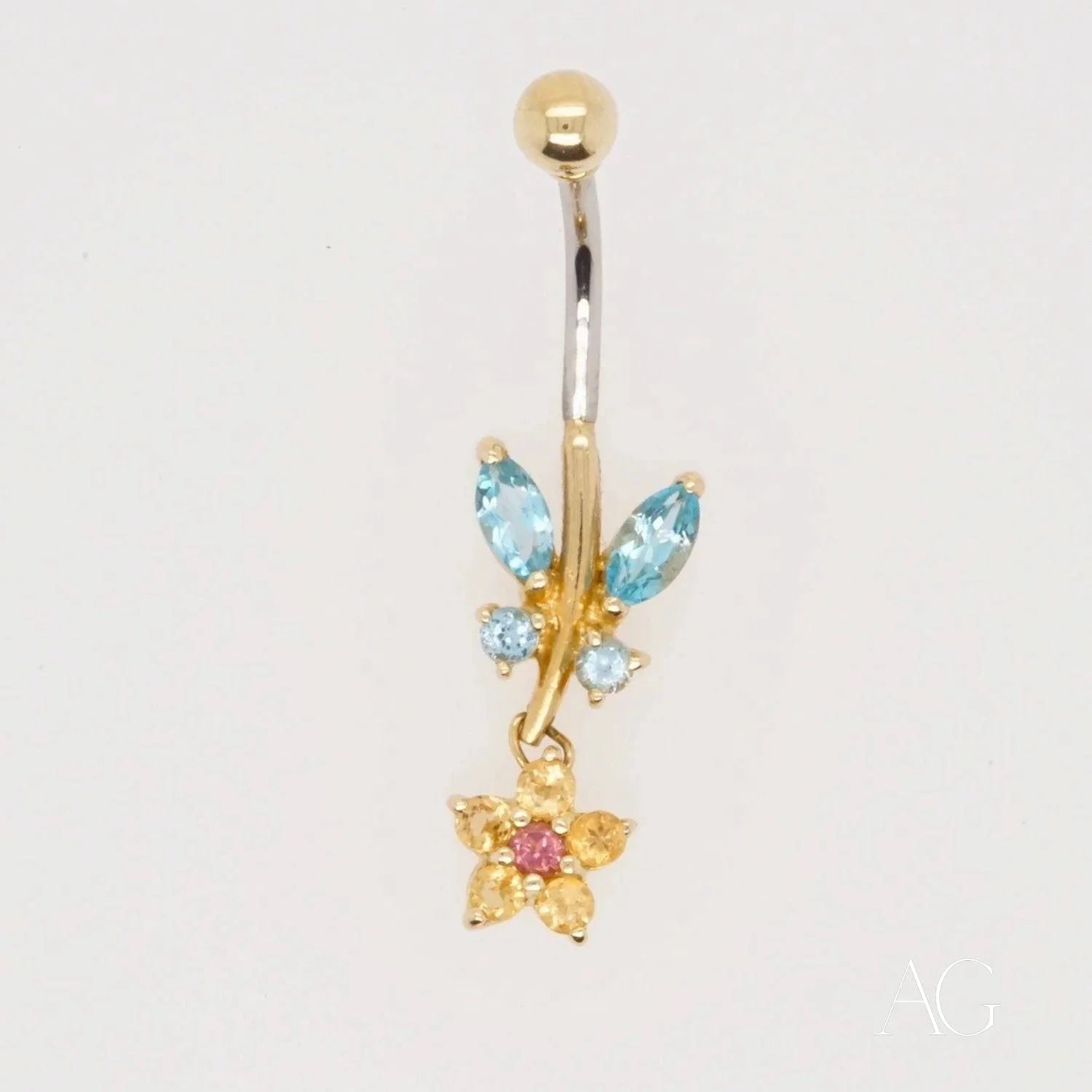 Luxury Topaz Bellybutton Piercing with Butterfly and Flower Charms in 18k Gold Jewelry