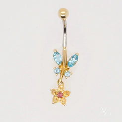 Luxury Topaz Bellybutton Piercing with Butterfly and Flower Charms in 18k Gold Jewelry