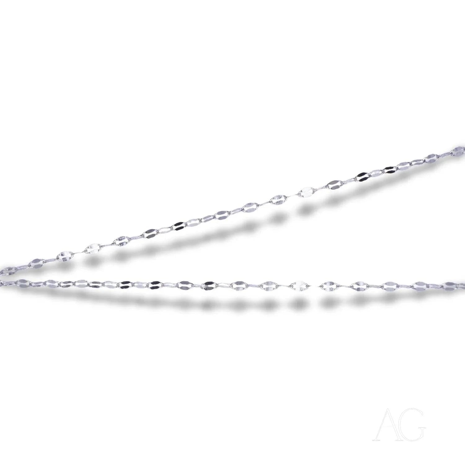 Delicate 18k white gold chain necklace with small oval links, elegant 17.5-inch style