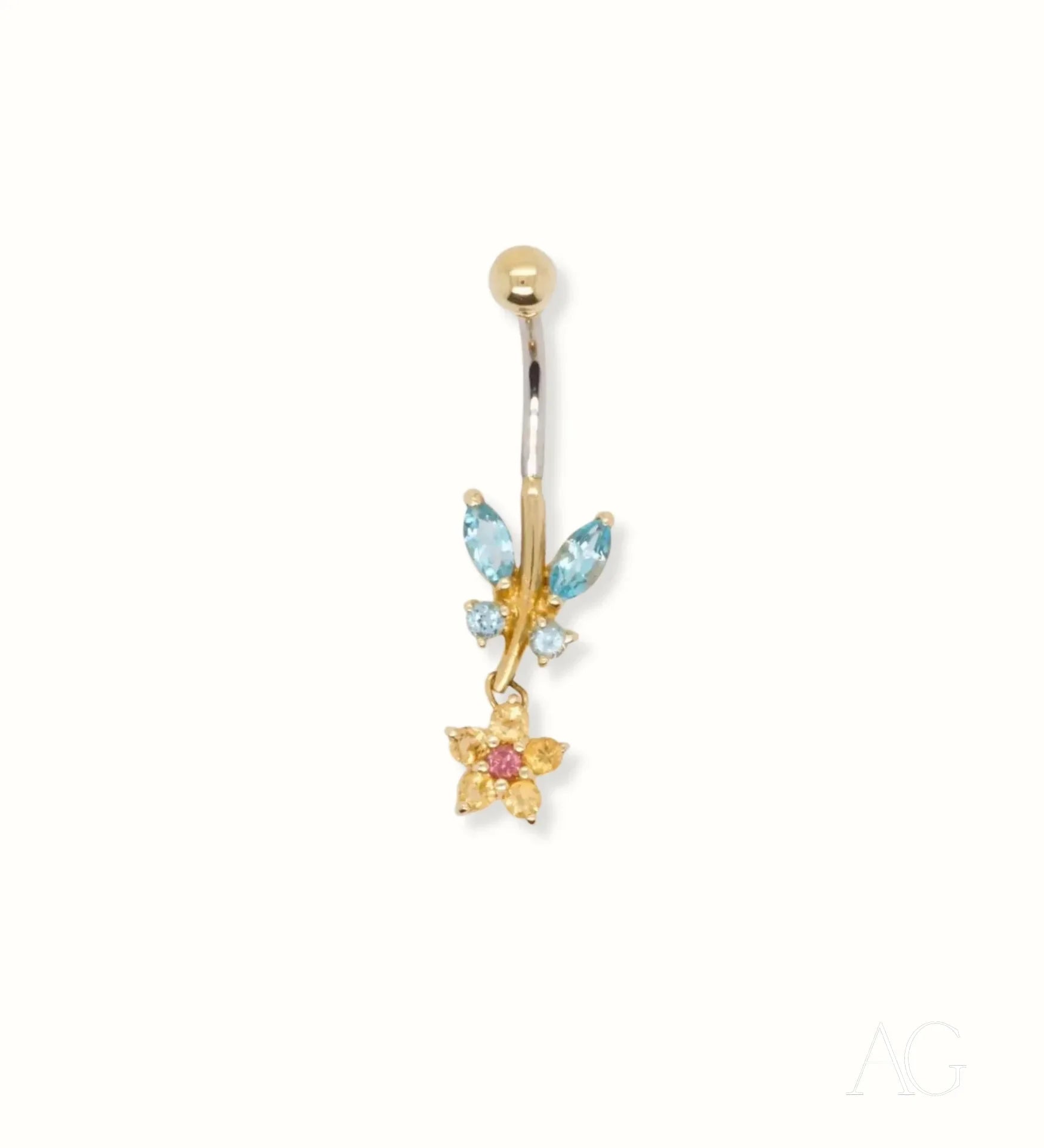 Luxury Topaz Bellybutton Piercing featuring an 18k gold decorative butterfly and star charm