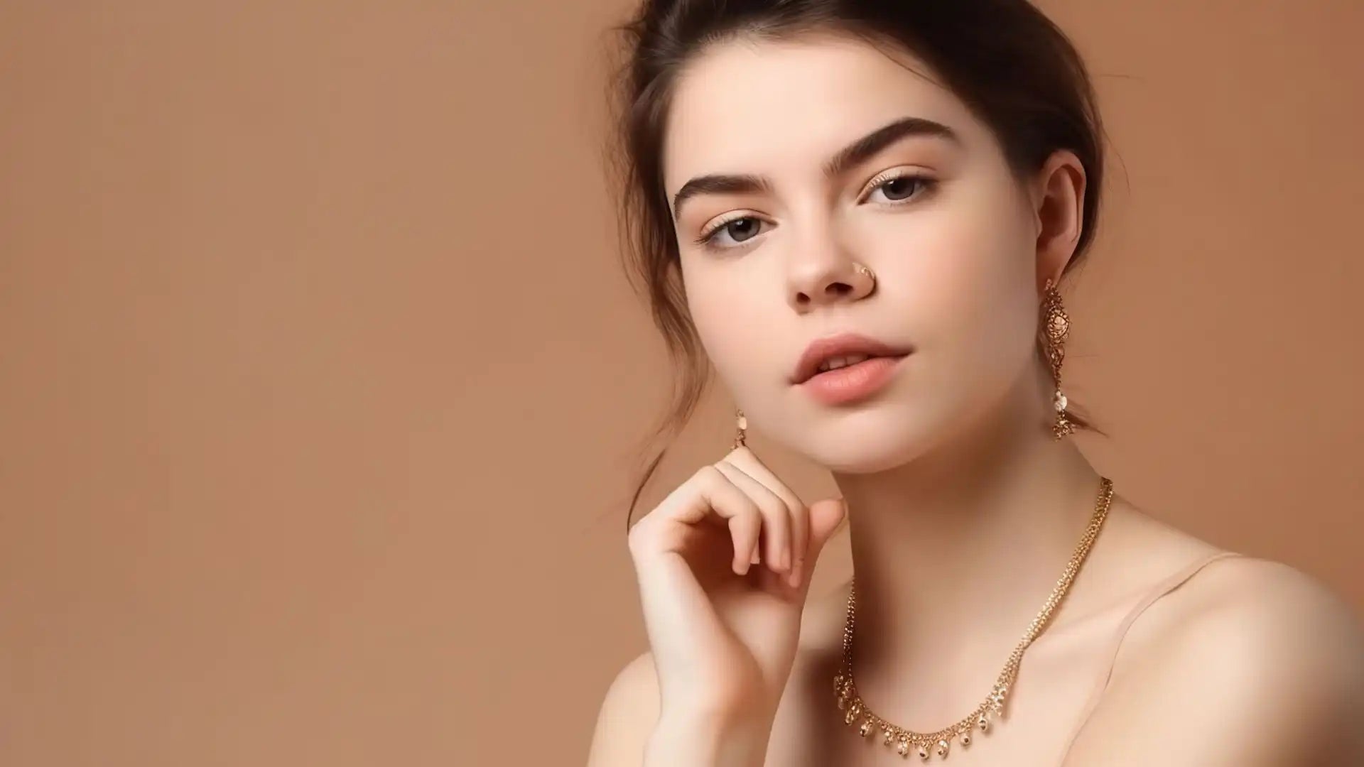 A portrait photograph featuring delicate gold jewelry against soft, warm-toned lighting.