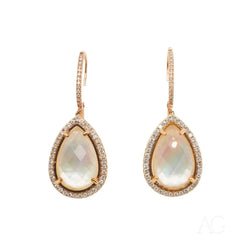 Teardrop-shaped opalescent rainbow crystal earrings in 18k gold with diamonds